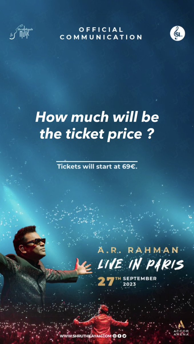 Shruthilayah's tweet photo. 🇬🇧 ❗️I N F O R M A T I O N ❗️

- Why was the date postponed ?
- What time the show start ? 
- How much will be the ticket price ?

#arrahman #arr #concert #music #france #30YearsofRahman #tamil #ARRParis2023 #Shruthilayah #SLStudio #SLIRproduction https://t.co/LhA10mi2CB