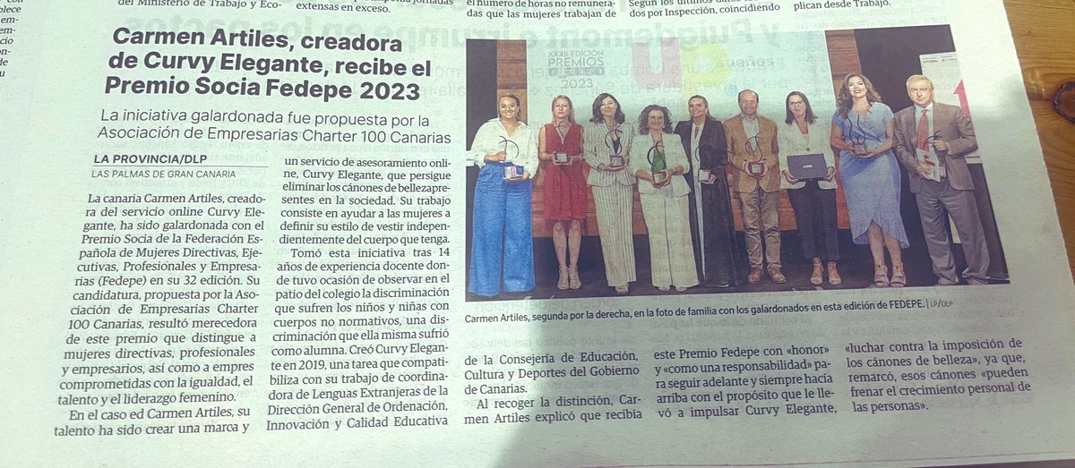 CurvyElegante's tweet photo. Gracias a @laprovincia_es por hacerse eco del reconocimiento otorgado por @MujeresFedepe en el @InstCervantes a propuesta de @charter100gc al proyecto que lidero para eliminar los cánones de belleza #eresperfecta #carmenartiles #eliminarcanones #curvassanas https://t.co/GpFaWk1zKg
