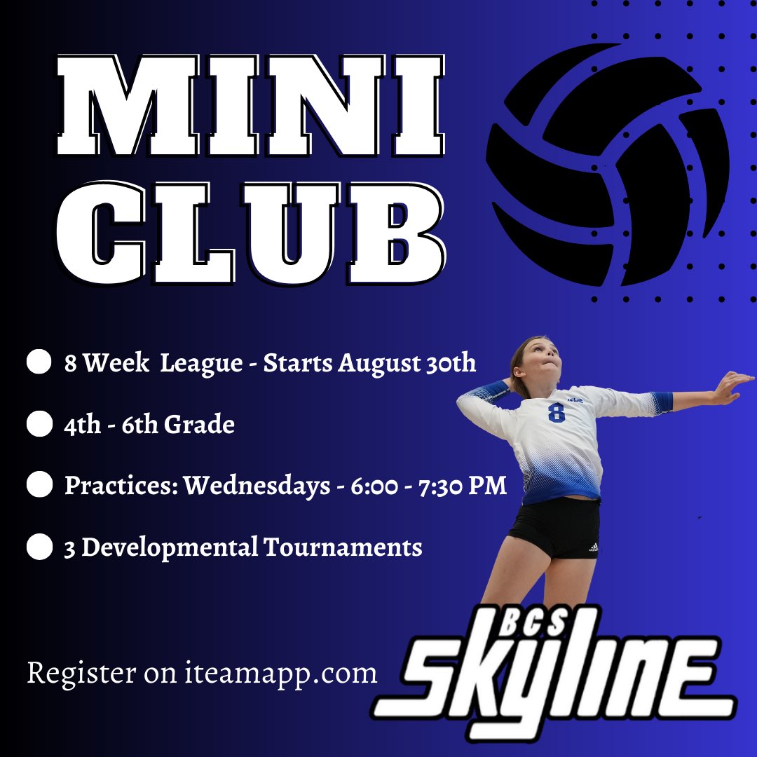 📢Attention 10U-12U! Want to practice with a team and play in 3 developmental tournaments this fall? Sign up for Mini Club today! It’s great way to begin club volleyball! #weareskyline