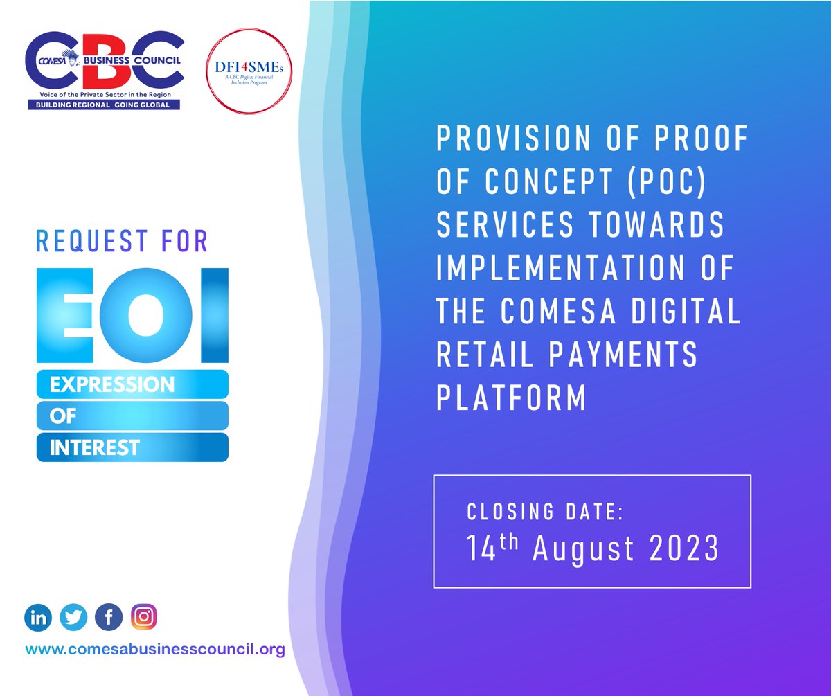 Seeking expressions of interest from dynamic & experienced firms to lead our Proof of Concept phase in development of the COMESA #Digital #RetailPayments Platform. Are you up for the challenge? Visit our website to express your interest bit.ly/45o3t0A #InnovationInAction