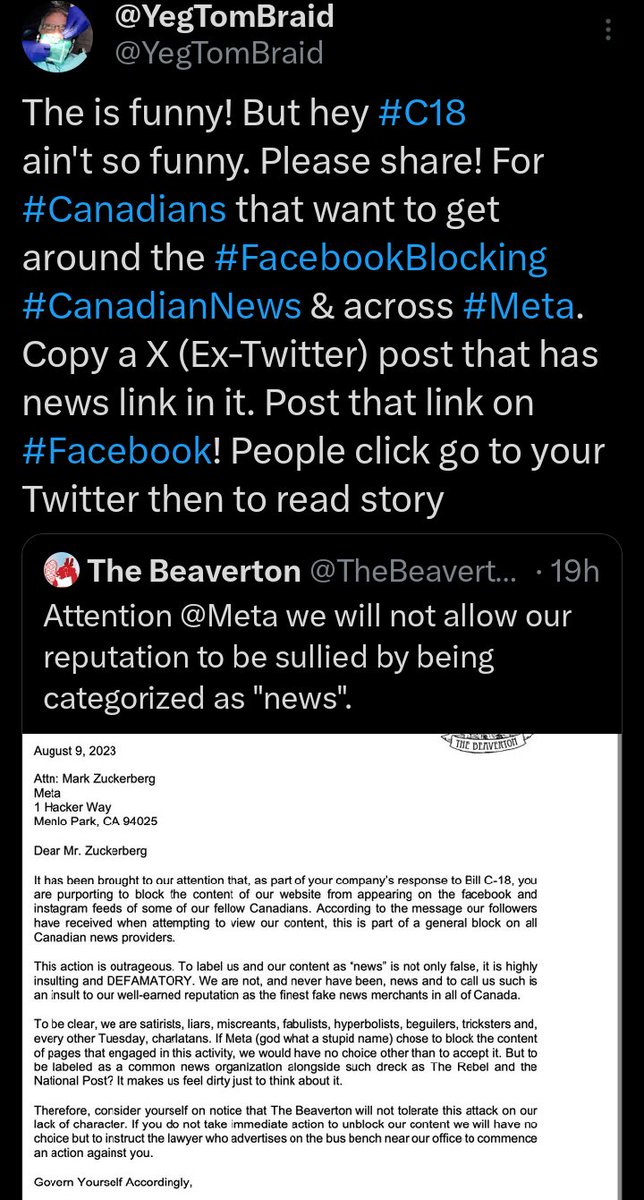 YegTomBraid's tweet photo. #C18 work around! Please share. For #Canadians that want to get around the #FacebookBlocking #CanadianNews &amp; across #Meta. Copy a X (Ex-Twitter) post that has news link in it. Post that link on #Facebook! People click go to your #Twitter then to read the story you like! @elonmusk https://t.co/C1MZmsSbDV
