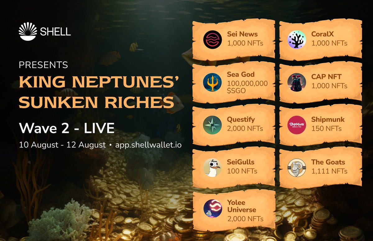 Shell_Wallet's tweet photo. 🔱 **KING NEPTUNES SUNKEN RICHES** 👑

🌊 The Second Wave of Airdrops is here! 

🔥 Grab NFT & Token rewards from 9 amazing projects.

✅ Claim on: https://t.co/aatip0PDOT
⏳ Duration: 2PM UTC Aug 10 - Aug 12

🪪 Remember to claim your Passport NFT beforehand.

Spread the buzz - ❤️, RT & Comment #TheBiggestAirdroponSei