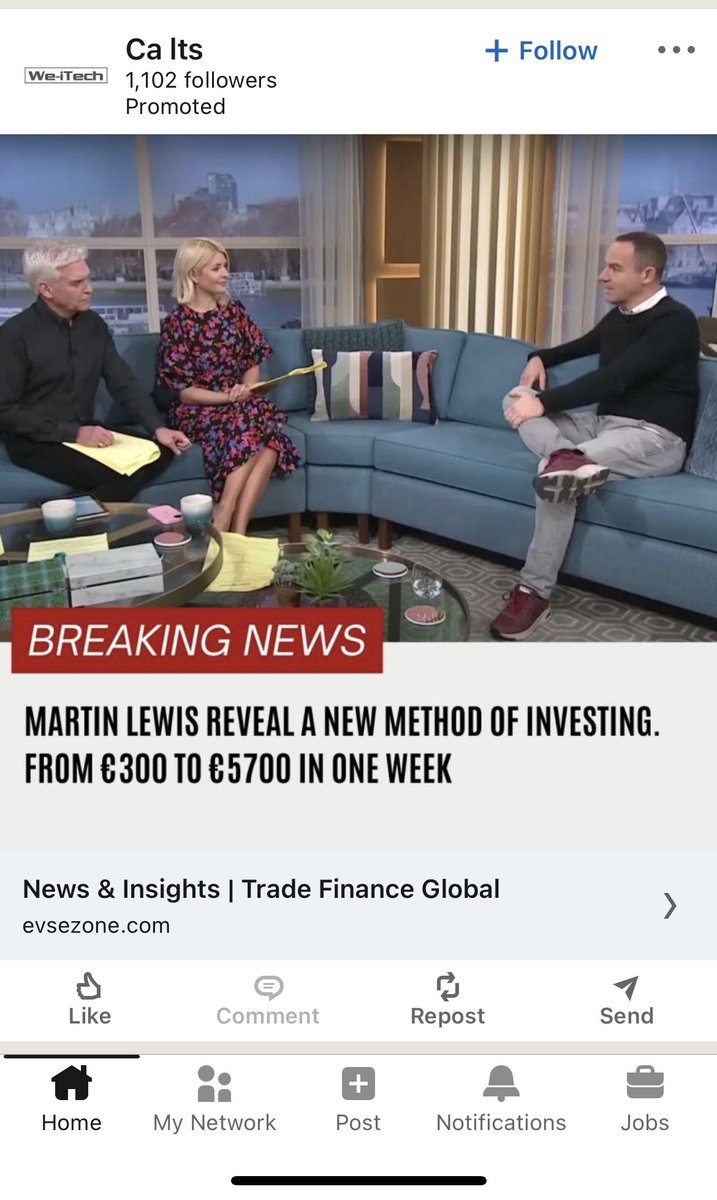 collsdad's tweet photo. I’ve reported this ad and 3x similar ads on my LinkedIn feed (FYI @MartinSLewis - using your name and image) - shocking that they still defeat the algorithm and continue to appear. @LinkedIn you should be doing more to stop this…#ScamAlert #misinformation https://t.co/xkulaNLzRH