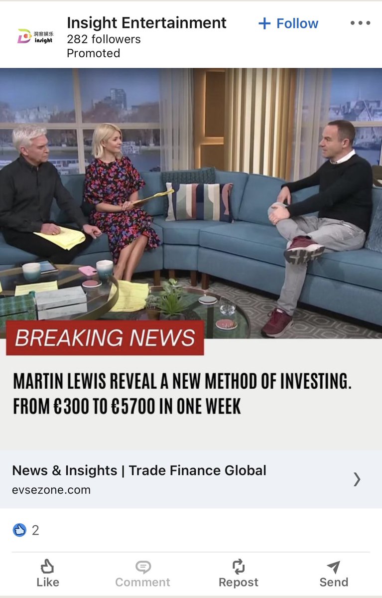 collsdad's tweet photo. I’ve reported this ad and 3x similar ads on my LinkedIn feed (FYI @MartinSLewis - using your name and image) - shocking that they still defeat the algorithm and continue to appear. @LinkedIn you should be doing more to stop this…#ScamAlert #misinformation https://t.co/xkulaNLzRH