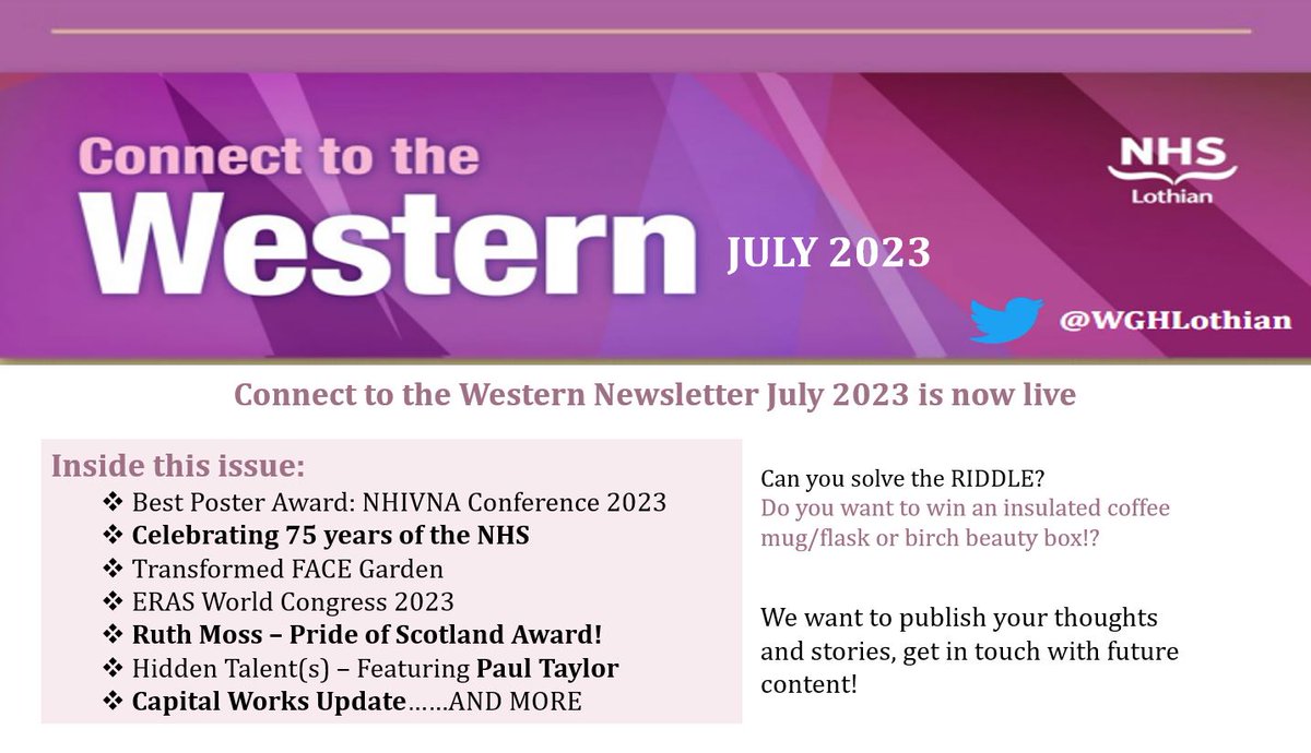 Connect to the Western July 2023 Edition is now live on the NHS Lothian Intranet.      

Featuring our monthly 'Connect Profile', Celebrating 75 Years of the NHS, and introducing you to another WGH staff members hidden talent!  

Don't forget to check it out...

<a href="/WghLothian/">WGH Connect</a> #CTTW