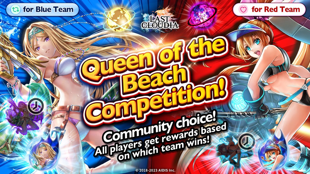 lastcloudiaen's tweet photo. ⛱️Queen of the Beach Competition⛱️

It's heating up on the Rubel Coastline!

Decide who's the queen of this hot summer beach, and ALL Last Cloudia players will get a set of rewards based on who wins!👑

🔵: Retweet this post for the Blue Team 
❤️: Like this post for the Red Team https://t.co/mU2ufQCOKt