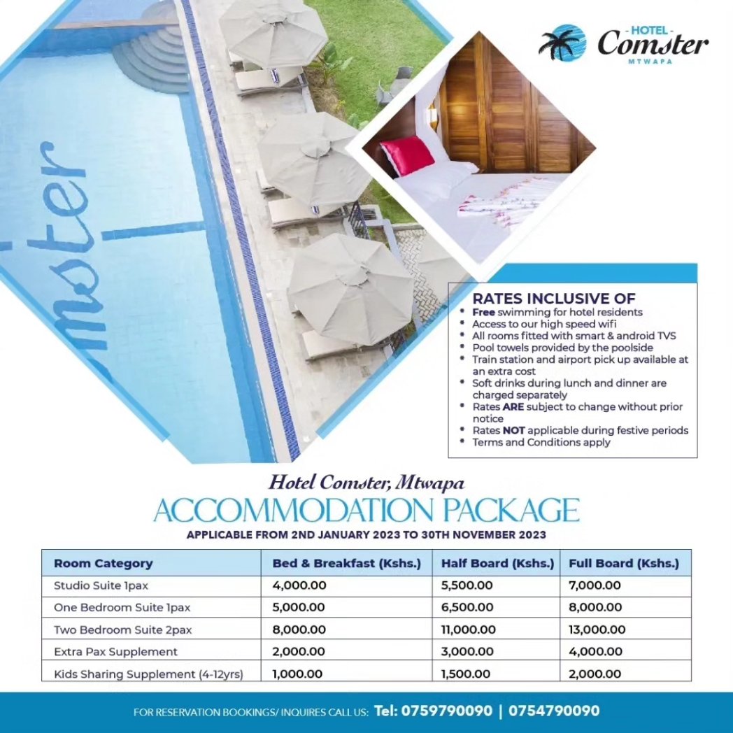 HComster's tweet photo. Start packing your bags!✈️🚃
It's time to getaway for the weekend!👙🏖️

KESI BAADAYE!
Bora ni enjoy! 🤩🤩🤩

Experience Mtwapa's best kept secret 🤫 at Hotel Comster Mtwapa 🌴💙☀️

🌟 AFFORDABLE PRICES FROM 4,000/- PER PERSON PER NIGHT 🌟

📲Call/WhatsApp 0759790090/0754790090 https://t.co/MKxzIO6SFd