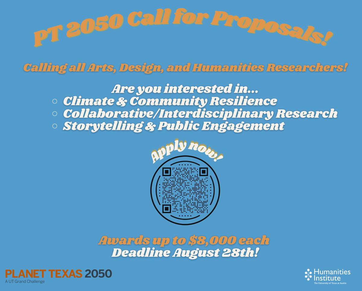 Attention arts, design, and humanities researchers! 📚🎨🎭🏛️ Do you have an interest in climate/ community resilience & collaborative research? Apply today to @Planet_TX's call for proposals engaging storytelling & the public! 🗓️8/28 🔗utexas.infoready4.com/#competitionDe… @UTSOA @FineArtsUT