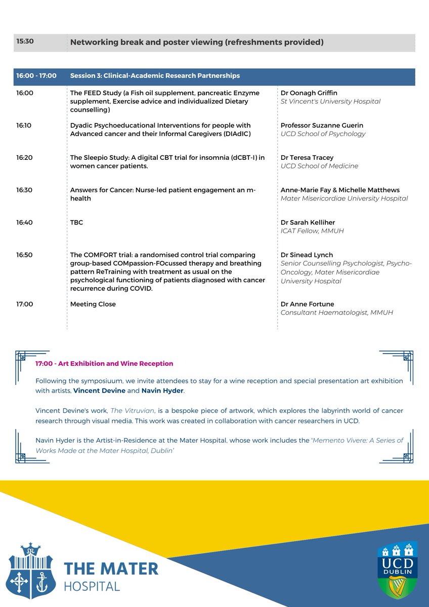 UCD Cancer Trials (@ucdcancertrials) on Twitter photo We've a great line-up planned for the UCD Cancer Research Symposium.
15 Sep | 2-5pm
Staff of UCD and its clinical sites can register here:
eventbrite.ie/e/cancer-sympo…
To submit poster abstract sbmissions or recent activity updates. DM or email CancerSymposium@ucd.ie for details. We've a great line-up planned for the UCD Cancer Research Symposium.
15 Sep | 2-5pm
Staff of UCD and its clinical sites can register here:
eventbrite.ie/e/cancer-sympo…
To submit poster abstract sbmissions or recent activity updates. DM or email CancerSymposium@ucd.ie for details.