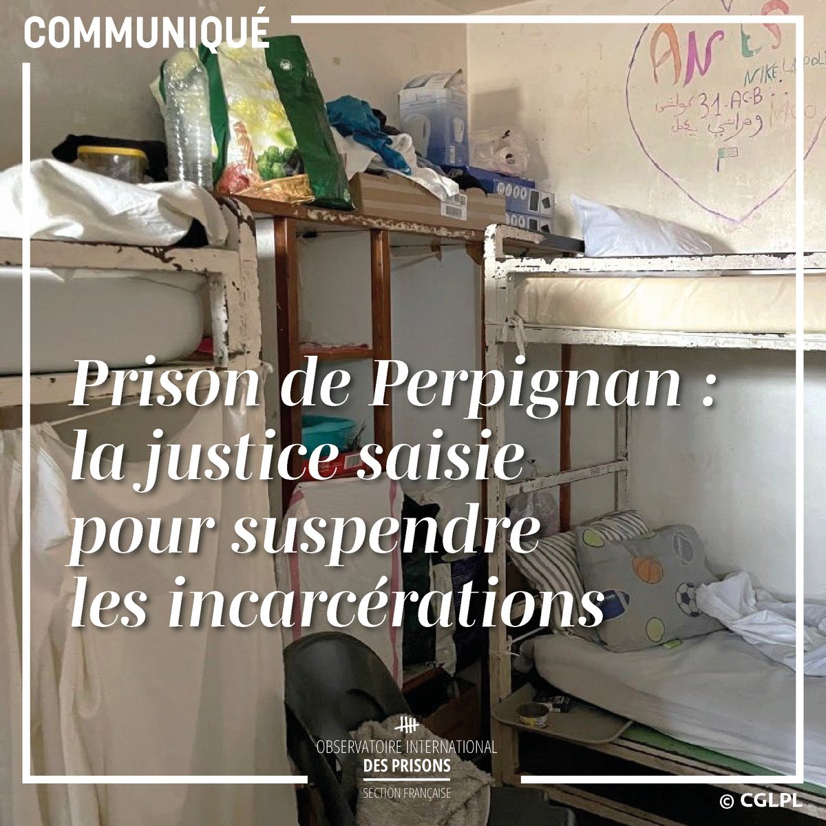 OIP_sectionfr's tweet photo. 📣L'OIP &amp; l'@AssociationA3D saisissent la #justice pour suspendre les incarcérations à la #Prison de Perpignan. 
Le juge des référés devra se prononcer ce 16/08 sur 35 demandes d'injonction pour que cesse la violation des #DroitsFondamentaux des détenus
👉https://t.co/5BiL57EjRH https://t.co/GjtOmxstUh