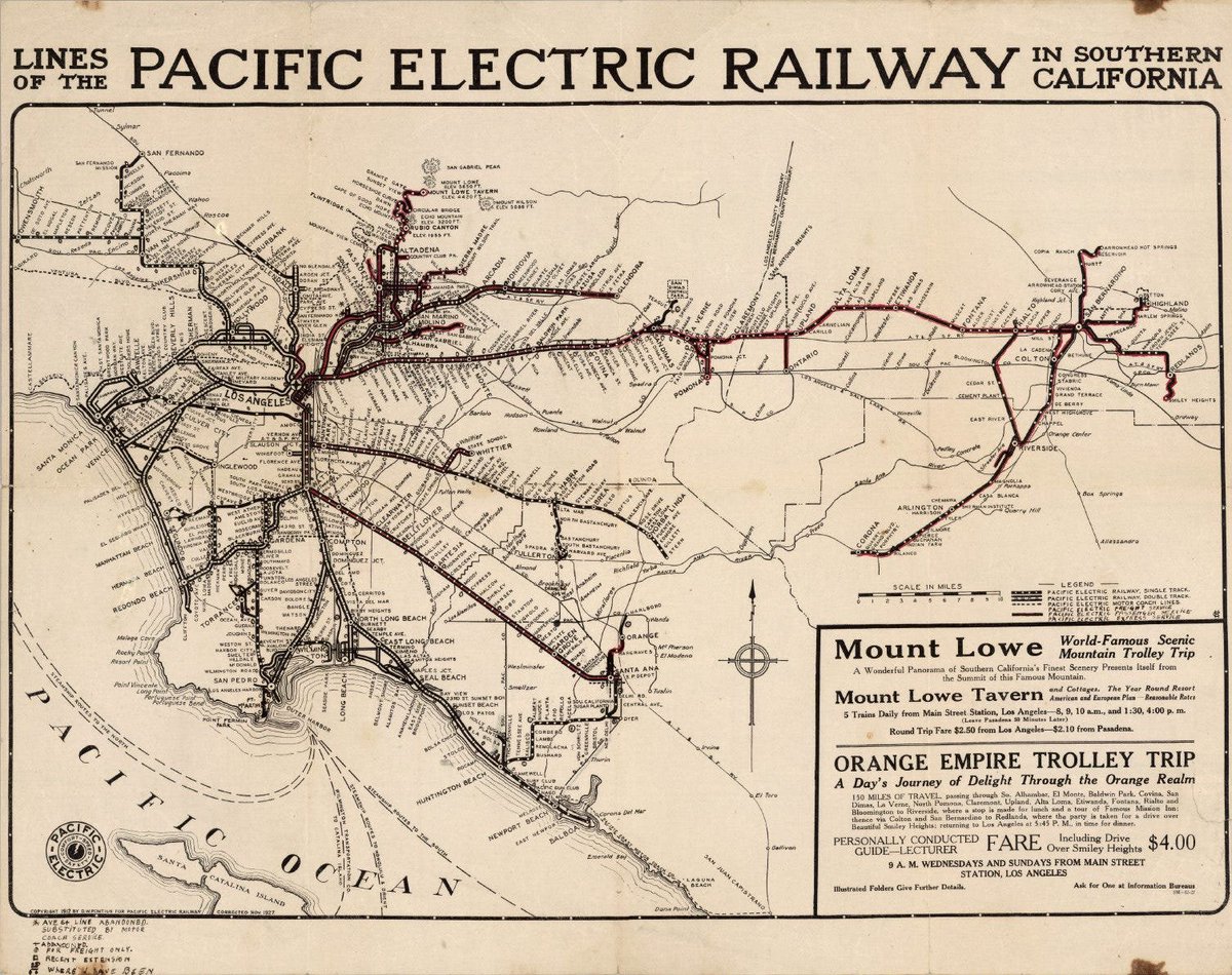 In 1910, Los Angeles had one of the most extensive mass transit systems in the US. Over a thousand miles of electric railway connected Los Angeles commuters to the surrounding suburbs. But by 1940, nearly all transit in Los Angeles was via car.