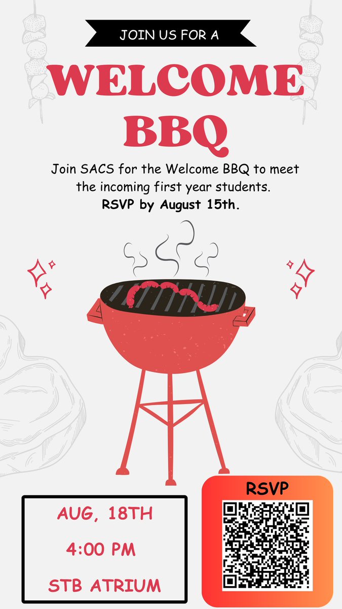 uofsc_sacs's tweet photo. IT’S TIME. We’re kicking off this semester with a Welcome BBQ for all new and returning graduate students! Please RSVP using the QR code :) https://t.co/s5XNJO8vi5