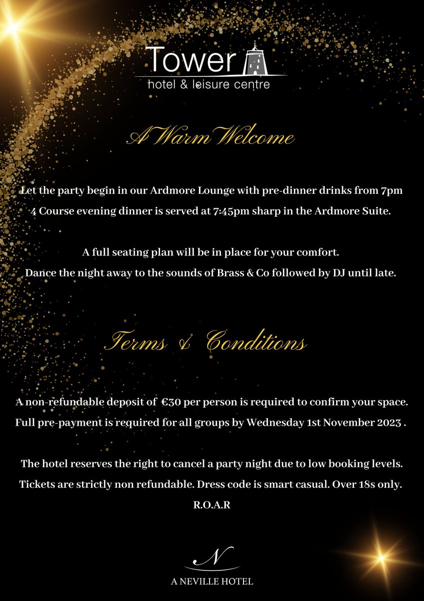 Tower Hotel Waterford (@towerhotel) on Twitter photo Have you been given the dreaded task of organising your office Christmas Party this year ? We have the perfect option for you all to enjoy a fantastic night of delicious food and entertainment in the heart of Waterford City🎄Get in contact today on 051-862300 or 📧events@thw.ie🎉 Have you been given the dreaded task of organising your office Christmas Party this year ? We have the perfect option for you all to enjoy a fantastic night of delicious food and entertainment in the heart of Waterford City🎄Get in contact today on 051-862300 or 📧events@thw.ie🎉