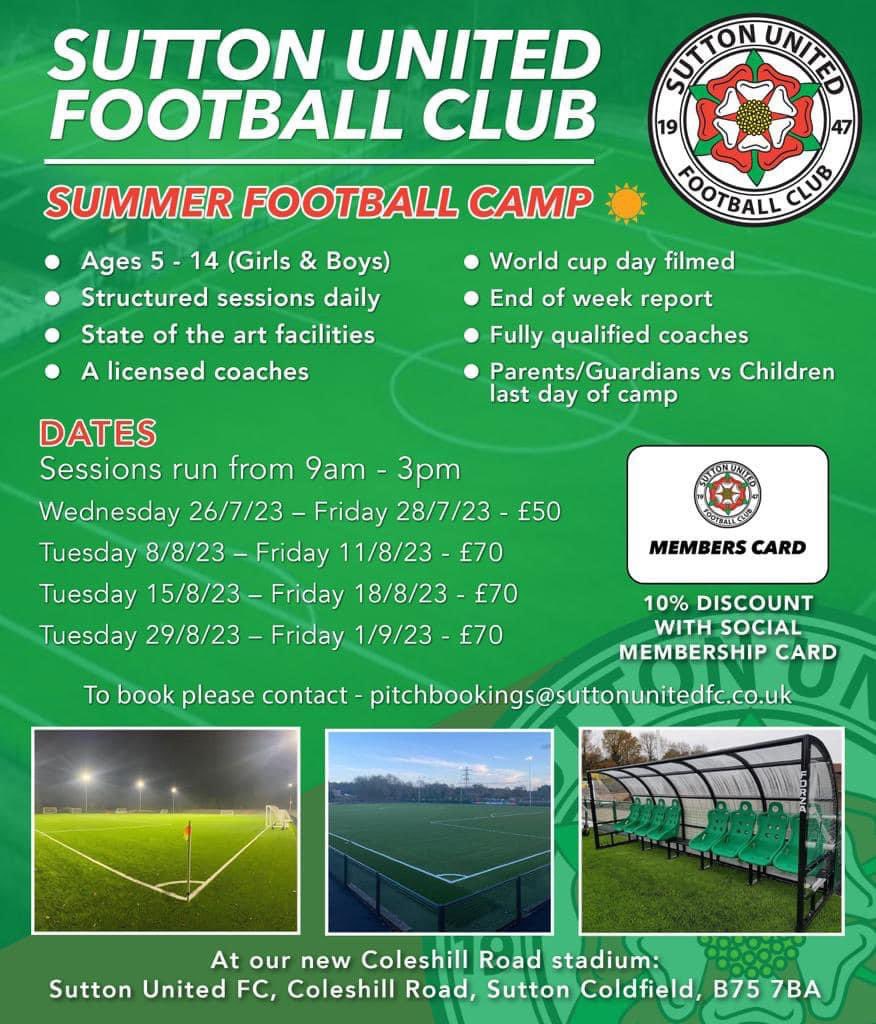 SuttonUtdFC's tweet photo. ☀️☀️ SUFC Summer Football Camp Dates ☀️☀️

The next 2 weeks dates of our Summer Football Camp are as follows -

Tuesday 15/8 - Friday 18/8.

Tuesday 29/8 - Friday 1/9.

To book onto the camp please contact us asap!! https://t.co/f2sBrAY3AN