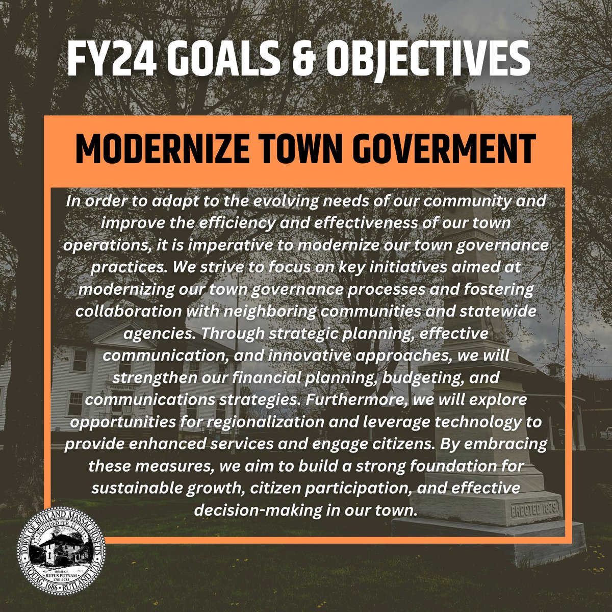 The Select Board recently adopted their Fiscal Year 2024 Goals &amp; Objectives with a focus on three key initiatives: investing in vital capital projects, enhancing staff morale, and modernizing town government. 

View the FY24 Goals document by visiting bit.ly/2024RutlandGoa…