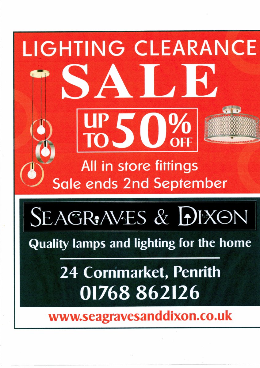 First ever Clearance sale on in any store fittings, floor or table lamps. Up to 50% off in store prices.Offer runs until 2nd September. Call in and grab a bargain.Retweet to let everyone know.