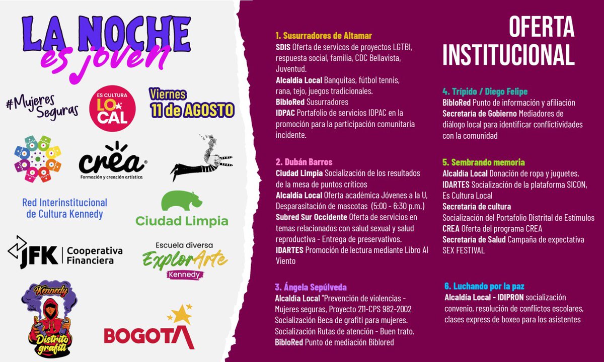 Alcaldiakennedy's tweet photo. ¡La espera terminó! 🔥 Te presentamos la programación de ⚡️La Noche es Joven⚡️, uno de los eventos más esperados de la #SemanaDeLaJuventud.
Serán 6️⃣ escenarios, con muchas actividades para hacer un estallido cultural por la Av. Guayacanes.
Info. 👉 https://t.co/uRJ7Bg3Kxi https://t.co/biyzOyVRhS