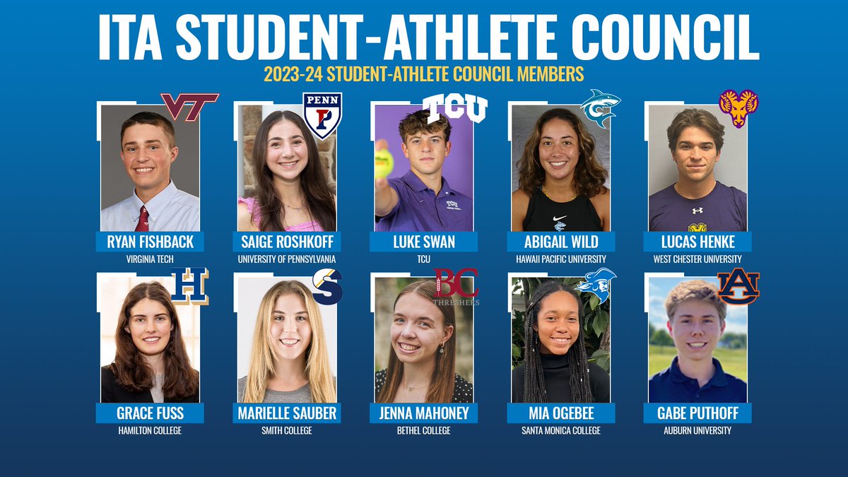 ITA_Tennis's tweet photo. Presenting The ITA Student-Athlete Council 🎾

Congratulations to these ten student-athletes who have been selected to represent their peers on the ITA Student-Athlete Council! 

🔗 https://t.co/jgEWetXKeD (Read More)

#WeAreCollegeTennis | #ITASACouncil https://t.co/rVP93Sv6IQ