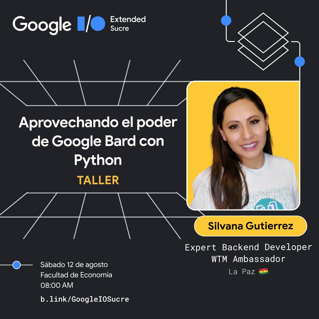 gdg_sucre's tweet photo. Silvana Gutierrez desde La Paz, Bolivia! 🇧🇴🥳

@Sil_Guty es Ingeniera de sistemas, Fullstack developer, trabaja en Zenta Group y co founder de la consultora tecnológica AuroraSoft. Nos enseña a integrar Bard a una aplicación de Python🚀

Regístrate! https://t.co/Ztxx1zG6TP https://t.co/xSrvUvoDft
