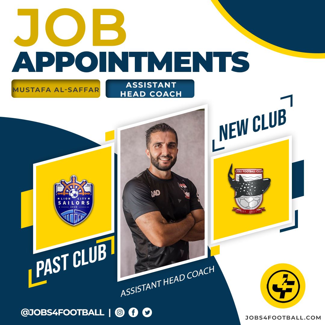 Jobs4football's tweet photo. Job Appointment 🚨
UEFA A Coach + member Mustafa Al-Saffar has joined Philipines side Cebu FC as First Team Assistant Head Coach.
Mustafa leaves his role within Lion City Sailors Academy.
#jobs4football #footballjobs #careerdevelopment
#footballmentoring #footballsupport #AFC #asiafootball