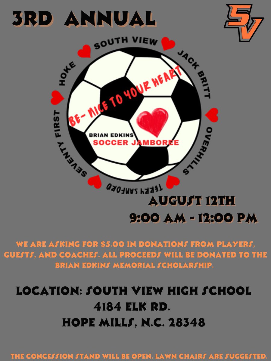 Two days away! Come support a good cause and watch some competitive soccer! All proceeds are donated to the Brian Edkins Memorial Scholarship #NeverToBeForgotten #LongLiveNice

@CCSGametime  <a href="/PhyllisNJackson/">Phyllis Jackson</a> <a href="/SouthViewTigers/">South View High School</a> @_SVsoccer