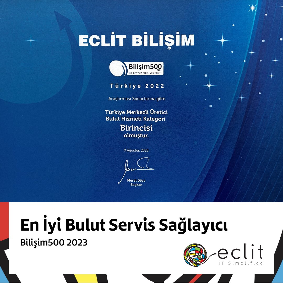 🏆 Türkiye'nin En Büyük Bulut Hizmeti Sağlayıcısı Eclit!

Bilişim500 araştırmasında Bulut Hizmeti kategorisinde birincilik ödülü Eclit’in oldu!

Bu başarıda emeği geçen tüm çalışma arkadaşlarımızı tebrik eder, anlamlı ödül için BTHaber ekibine teşekkür ederiz.

#Bilişim500