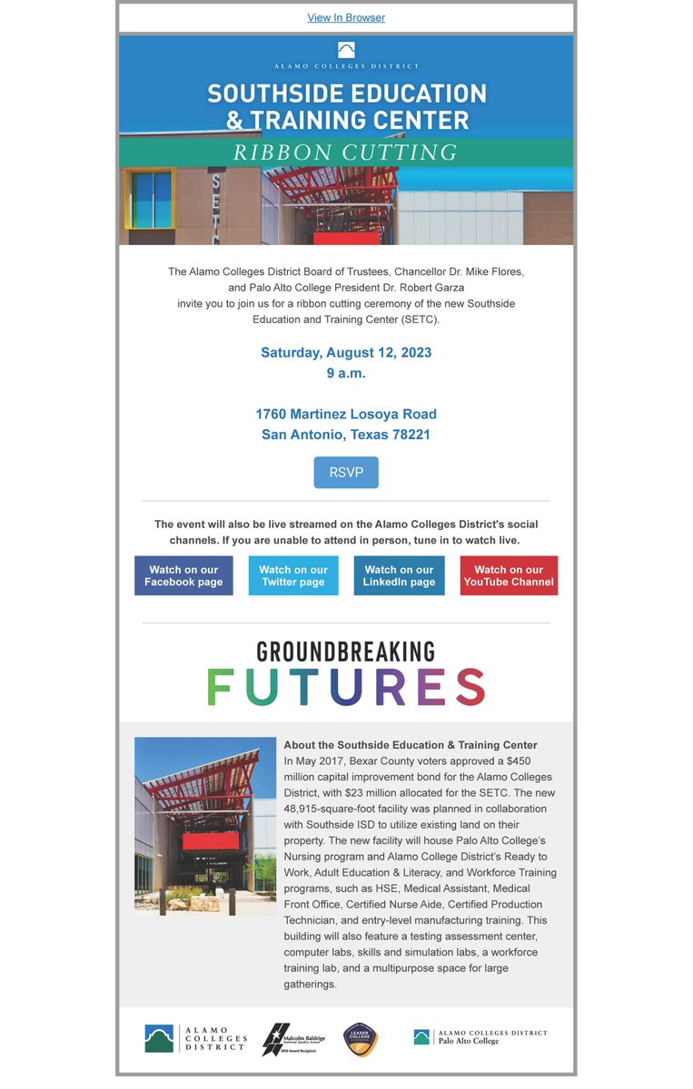 setc_alamo's tweet photo. Come join us for a Ribbon Cutting Ceremony on Saturday, August 12, 2023 at 9:00 a.m. to celebrate our new Southside Education Training Center. Please see flyer for more details. We hope to see you there! https://t.co/Bx5T1JBsRR