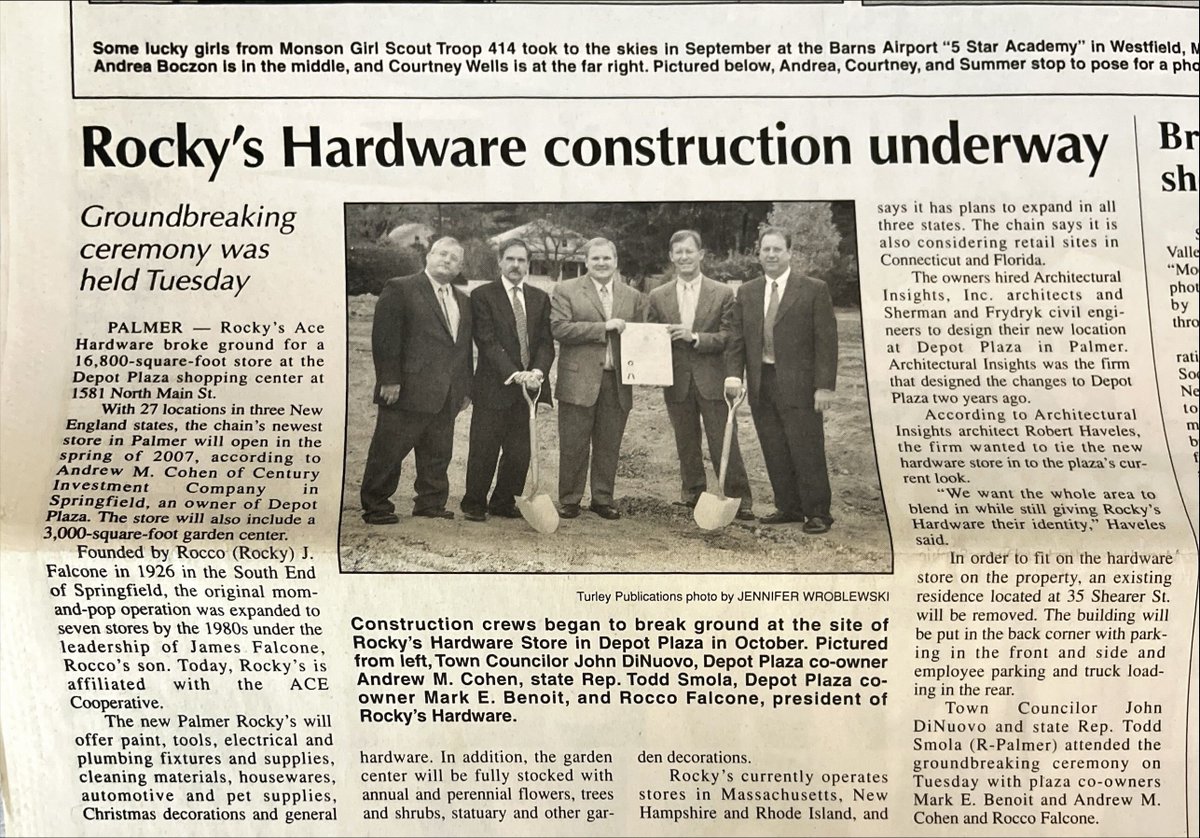 Throwback Thursday to Rocky's Ace Hardware groundbreaking ceremony in Palmer, Massachusetts in 2006. Pictured from left, Town Councilor John DiNuovo, Depot Plaza co-owner Mark E. Benoit, and Rocco Falcone, president of Rocky's Ace Hardware.