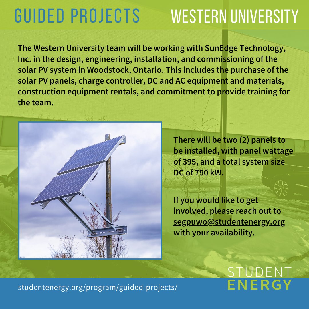 studentenergy's tweet photo. We are excited to feature the Western University team of SE Guided Projects, working on the installation of solar PVs to light up the area at YMCA of Woodstock, Ontario 🙌 ️
☀️ Learn more: https://t.co/7vL752mdo5
#GuidedProjects #Solar #Youth https://t.co/nYDe7Lve05