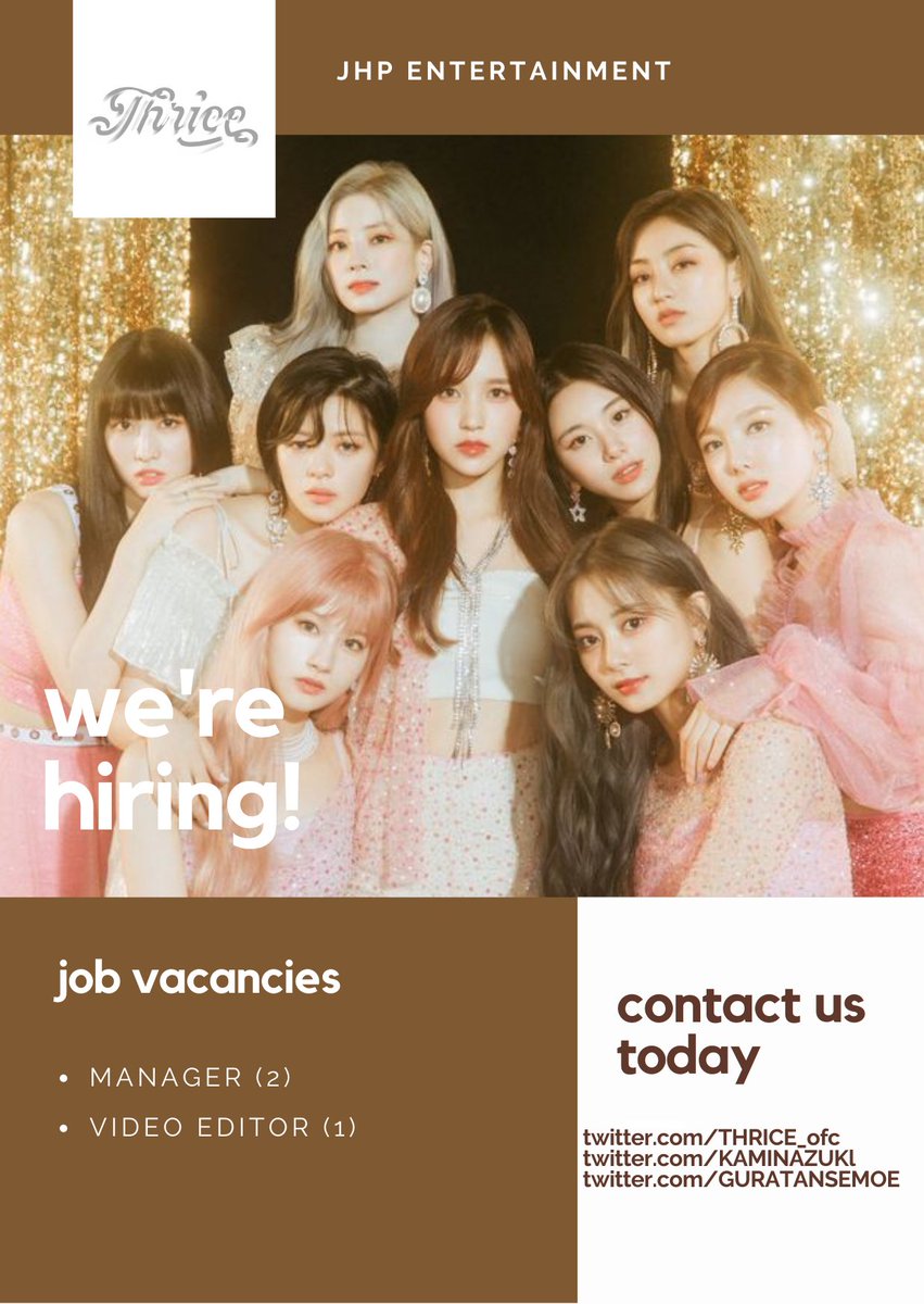 ㅤ️
ㅤ️

[HELP RT]

Selamat malam. Kami dari THRICE ingin mencari mana-ger untuk membantu mana-ger kami dan edi-tor video yang sekiranya bisa membantu comeback kali. Jika berminat bisa hubungi kontak diposter ya! Terimakasih.

ㅤ️
ㅤ️