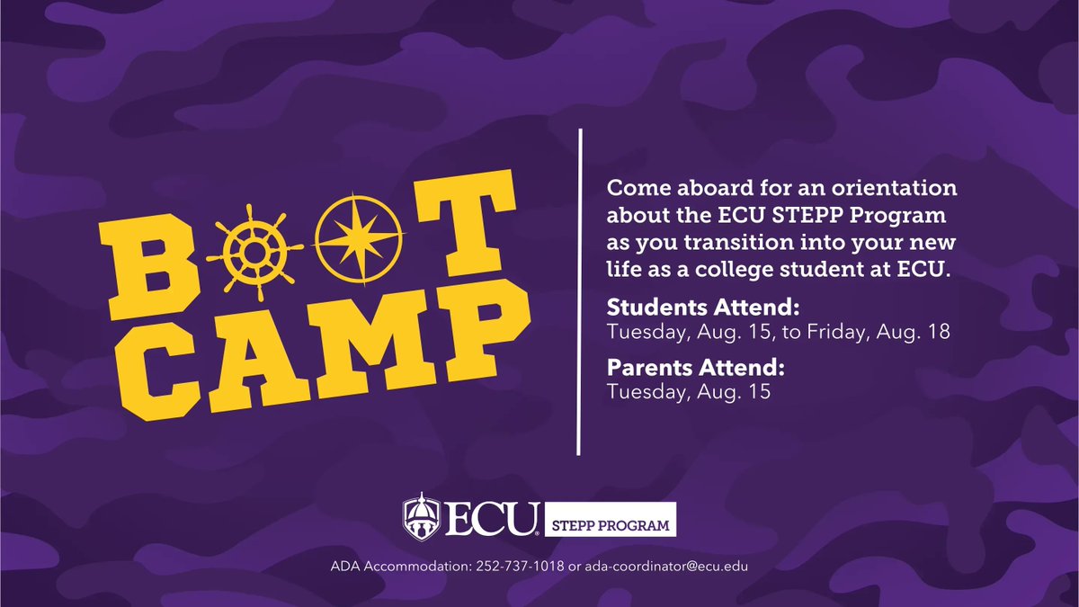 ecustepp's tweet photo. We #ARRRGH 5️⃣ days away from #STEPPBootCamp 🥾

→ Move into your dorm 🏢
→ Team building activities 👫
→ Academic preparedness 📝

🗓️ Tuesday, Aug. 15
⏰ 9 a.m.
📍 The Cove https://t.co/JDZxD10vIo