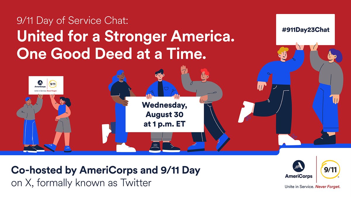 AmeriCorps's tweet image. 🚨 #911Day23Chat 🚨 Wed, Aug. 30 | 1 p.m. ET
Join us and @911day for a chat here on X about honoring those we lost by doing good this #911Day. Find out what’s possible when we unite in #Service to strengthen our communities. Learn more: Bit.ly/911Day23Chat
#IWillFor911Day