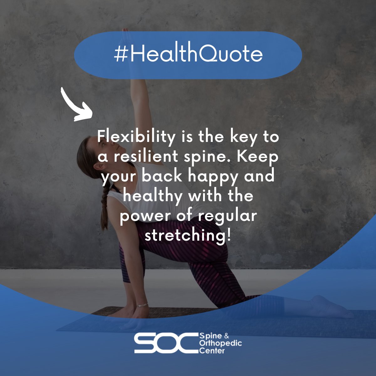 SOC_Spine's tweet image. 🌟 Stretching: Your Back&apos;s Best Friend! 

&quot;Flexibility is the key to a resilient spine. Keep your back happy and healthy with the power of regular stretching!&quot;

#BackHealth #StretchingMatters #SpineWellness #HealthyHabits #ThursdayThoughts #PostureMatters #MotivationalQuotes