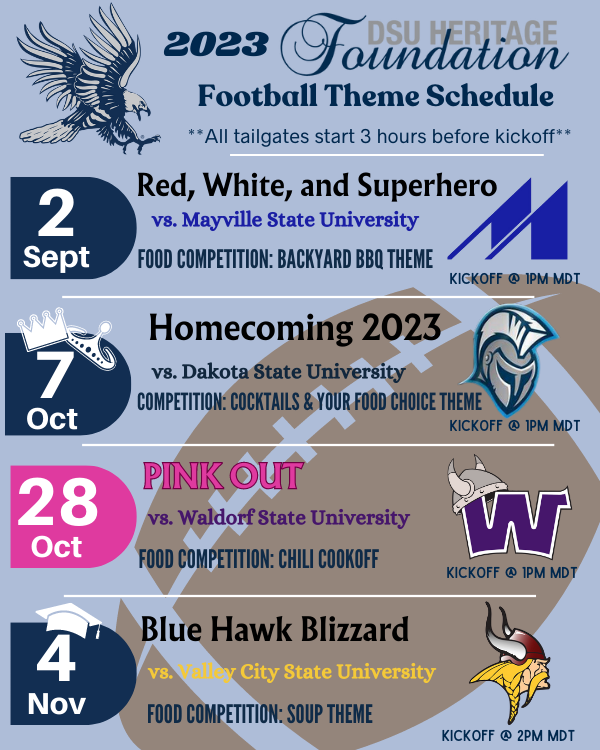 🥁🥁DRUMROLL PLEASE🥁🥁

Here are your 2023 <a href="/bluehawkfb/">Dickinson State Football</a> TAILGATE THEMES!! 💙🦅🏈

Stay tuned to meet the 2023 Honorary Captains and game day sponsors!

#ForeverABlueHawk #HawksAreUp #BlueHawkFootballTailgate #DSUTailgate