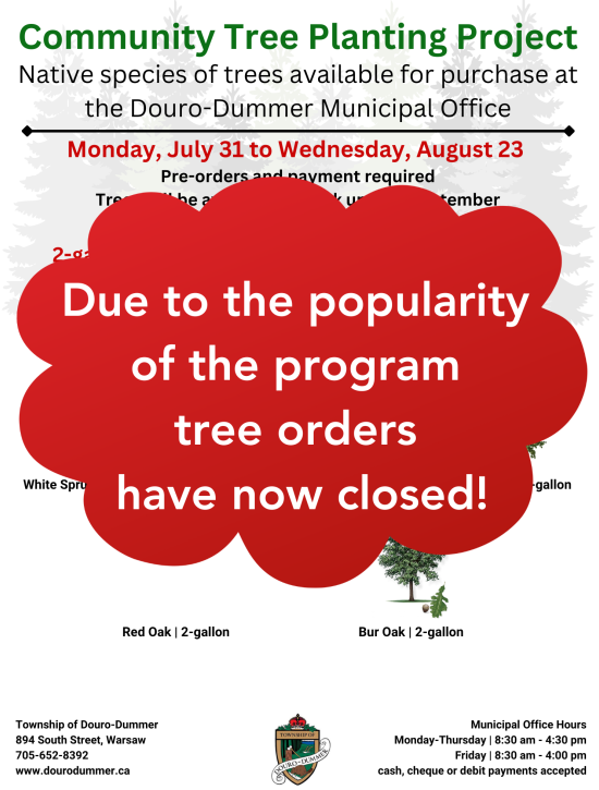 Douro_Dummer's tweet photo. Due to the overwhelming popularity of the Community Tree Planting Project, tree sales have been closed early. 🌳❤️🌳🌲
#DouroDummer #CommunityTreePlantingProject https://t.co/qWg825TN2i