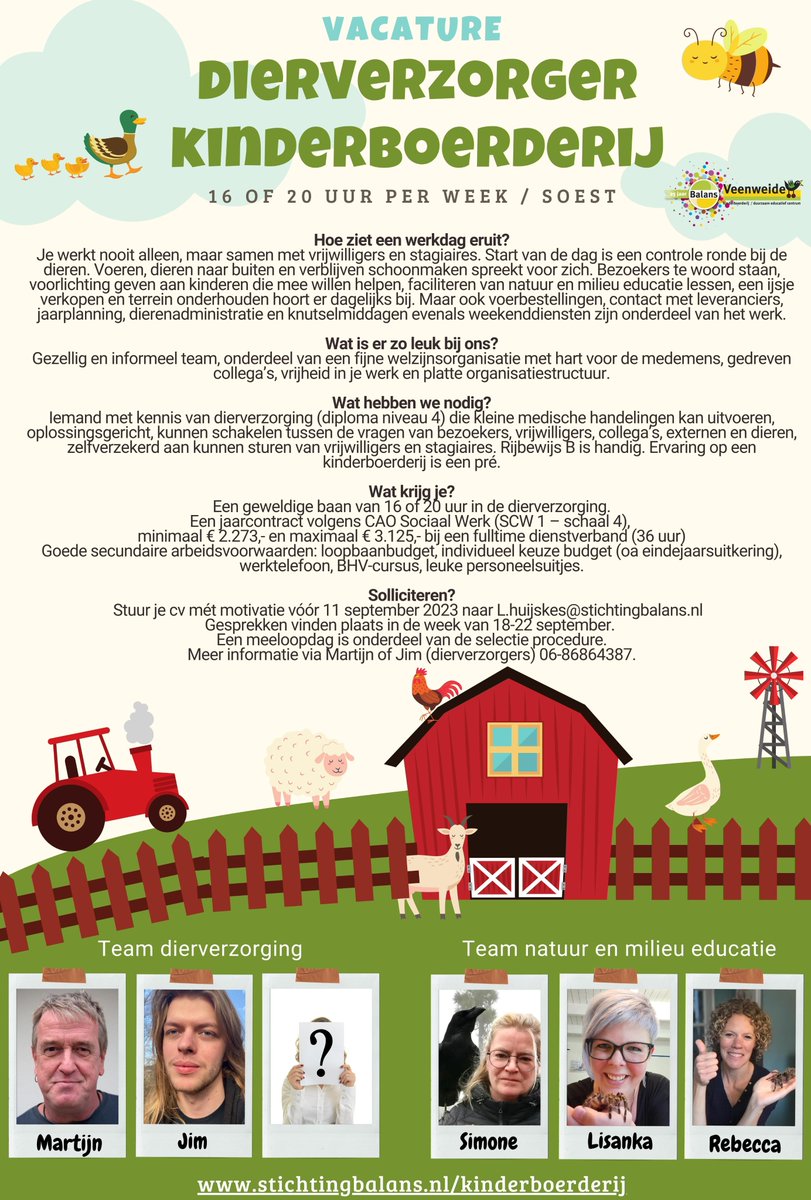 Er is een leuke vacature bij Balans Kinderboerderij Veenweide: dierverzorger! Ben jij of ken jij een geschikte kandidaat? Wij ontvangen graag je sollicitatie.