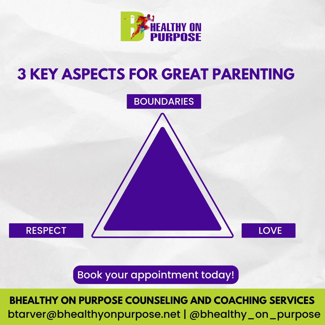 Unlock the secrets to great parenting with these three key aspects.

Respect, love, and boundaries lay the foundation for nurturing and supportive relationships with your children.

Book Your Appointment Today!

#bhealthyonpurpose #wellnesscoach