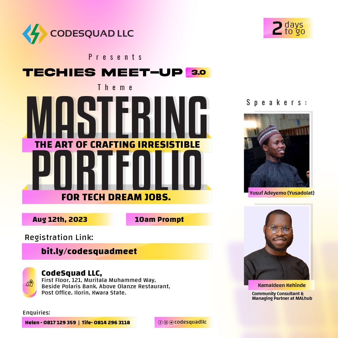 CodeSquadLLC's tweet photo. Two days to go.
@codesquadcomm
@CodeSquadLLC
#codesquad
#codesquadcomm
#techmeetups
#Ilorinmeetup https://t.co/xYj5tID5V4