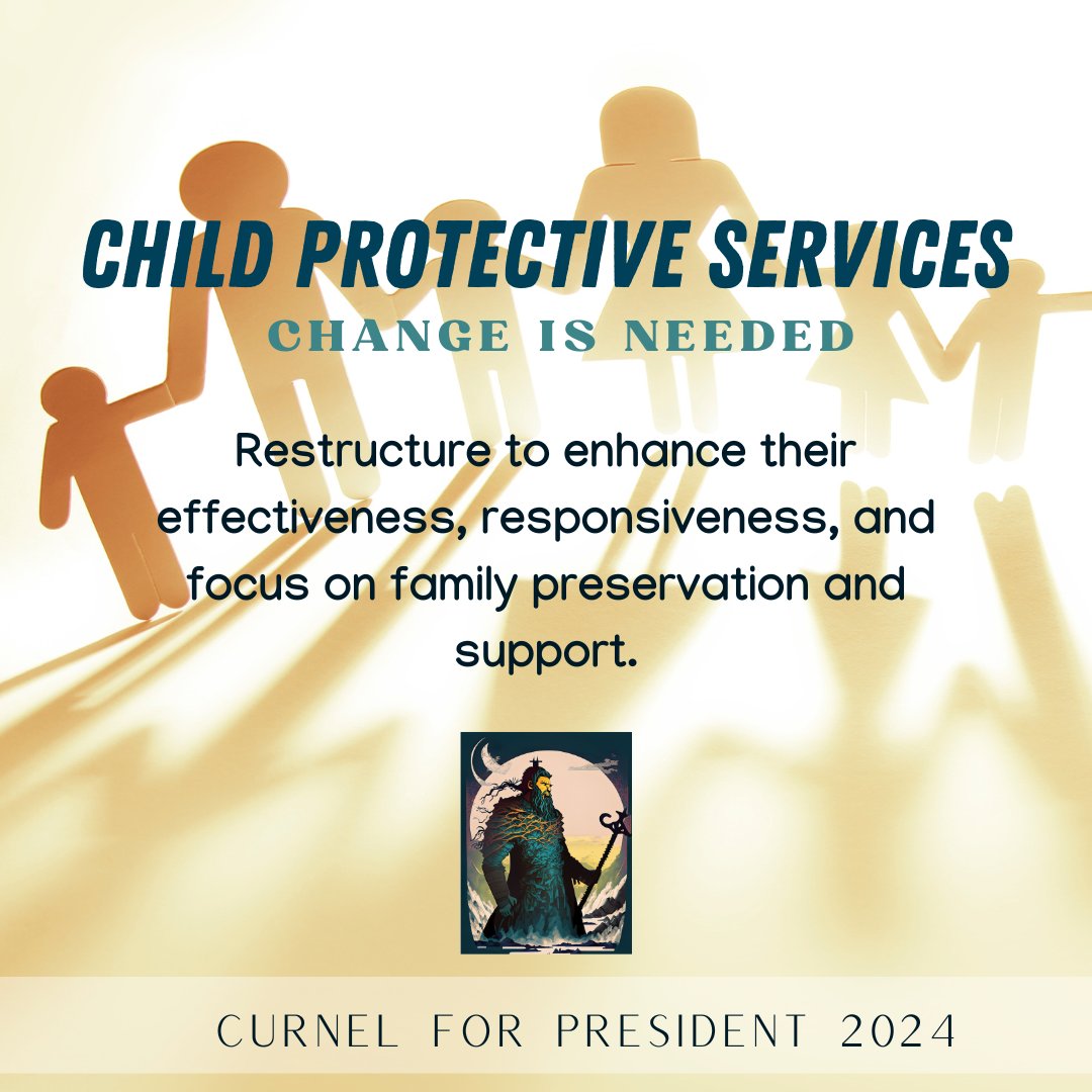 Our children deserve a safe and nurturing environment, free from harm. It's time to reform Child Protective Services, ensuring that every child's well-being is the top priority.

#ChildProtectionReform #CurnelForPresident #Election2024 #ProtectingOurChildren #OneNationUnderCurnel