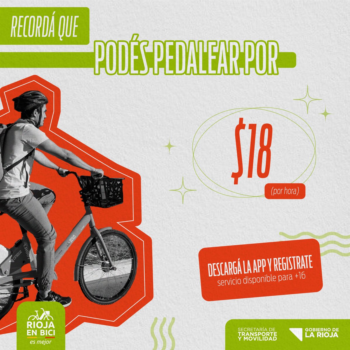 🧐 ¿Sabías que con nuestro servicio podés pedalear por sólo 18 pesos? 💘

Trasladate a tu trabajo, colegio, o cualquier lugar en bici, y llegá de manera rápida y segura 🚲

Descargá la app (personas +16), y disfrutá tu viaje sobre ruedas ✨