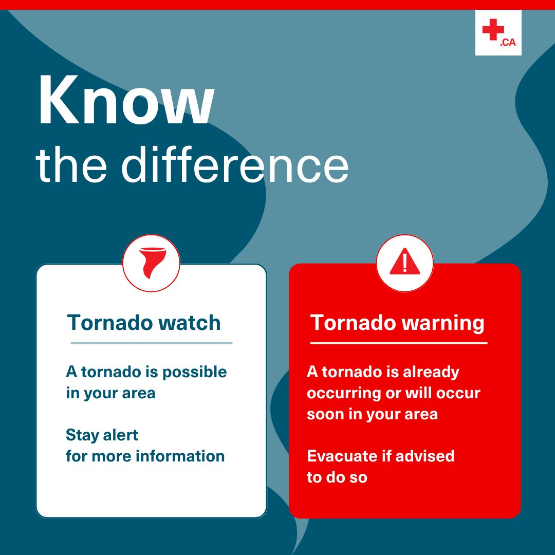 redcrosscanada's tweet photo. With tornado season underway, it’s crucial to know the difference between a tornado watch and a tornado warning 🌪️.

Learn the steps to take in both cases: https://t.co/nHUXXxymhX https://t.co/cN3IZMZgB2