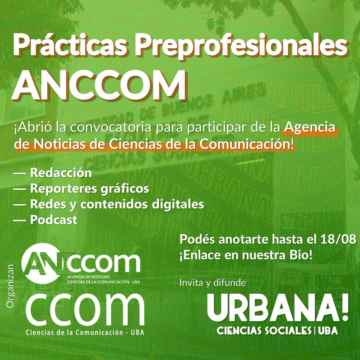 urbanasociales's tweet photo. ¡Abrió la convocatoria para sumarse a ANCCOM! 🔥
🤳🏻 Para postularte podes completar el formulario que aparece en nuestra Bio.
📎 Encontrá el link en nuestra bio.
📅 Podes anotarte hasta el 18/08
#CCom #ANCCOM #FSOC #UBA https://t.co/f0KNryt7x2