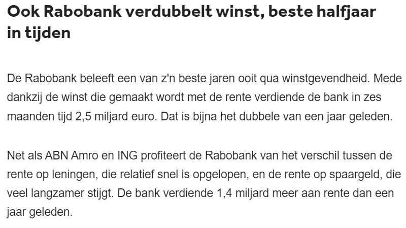 Na <a href="/ABNAMRO/">ABN AMRO</a> en @INGnl ook dikke winst voor <a href="/Rabobank/">Rabobank</a>. Nauwelijks rente voor spaarders, maar wel winst voor aandeelhouders. Tijd voor een #windfalltax voor het bedrijfsleven, inclusief de financiële sector. Eens? RT! #eerlijkdelen #strijdvoorgelijkheid nos.nl/l/2486089