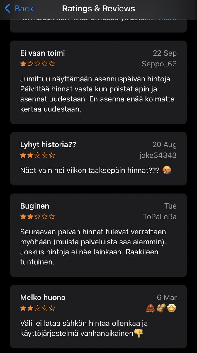 hessu's tweet photo. @fingrid_oyj Toden totta, iOS-sovelluksen poisto ja uudelleen asennus yllättäen auttoi. Mutta miksi näin? Ohjelman voisi ihan hyvin koodata yrittämään virhetilanteen jälkeen uudelleen ilman käyttäjän kiusaamista ja turhia uudelleenasennuksia. App storessa käyttäjien arviot ovat oikeassa. https://t.co/kSeHnWa2z4