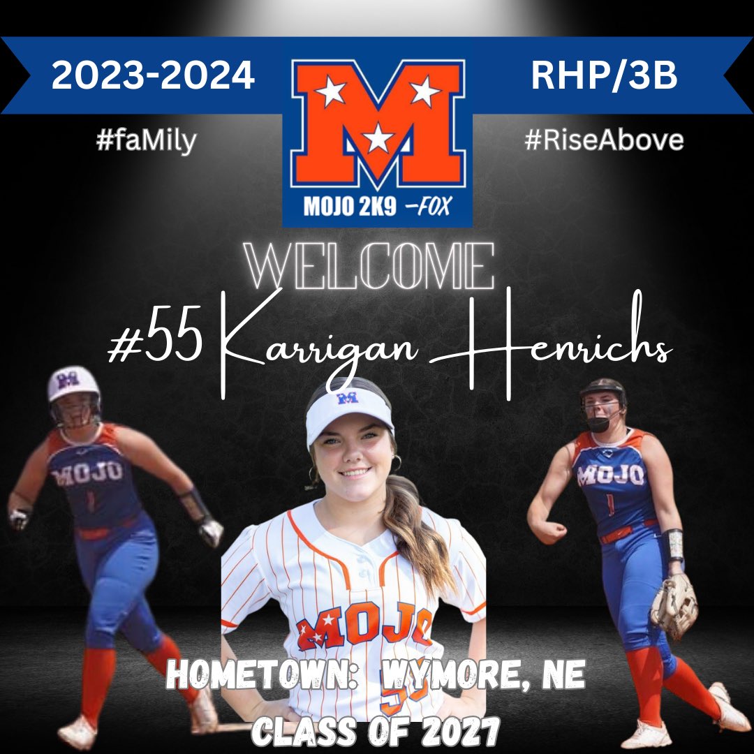 ArmorEliteFox's tweet photo. Introducing the @MOJO2K9FOX 2023-2024 roster we welcome #55 Karrigan Henrichs and family. #FaMily #RiseAbove #MojoReloaded #Next @TnMojoFastpitch @Karrigan_Jo https://t.co/Qts0PgkrTS