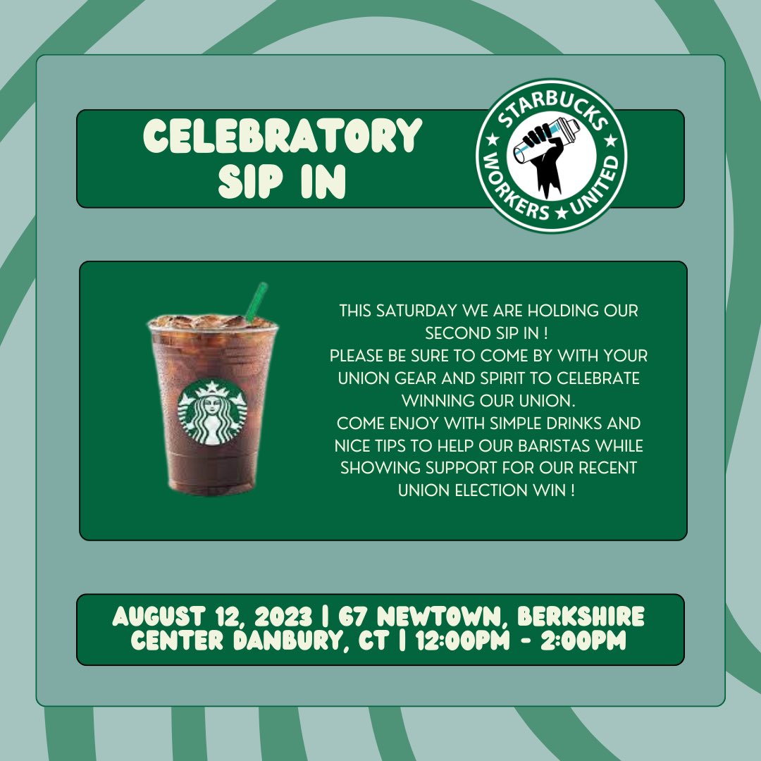 SBWU47021's tweet photo. Please come by for our second sip in !! We want to celebrate and be together to show how even stronger our union is after winning our election !!

#union #unionstrong #starbucksunion https://t.co/EvJ55dNXeQ