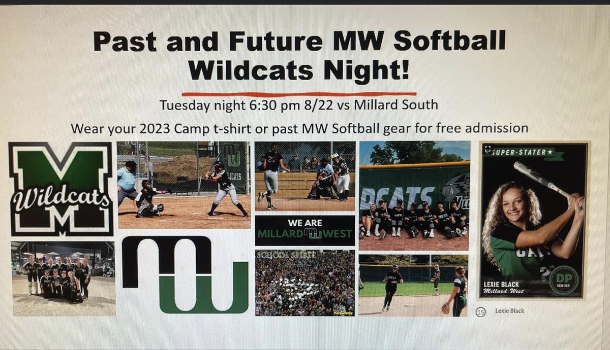 Come join us! Tuesday 8/22 6:30 pm
Would love to see our MW Softball Alumni and Future Wildcats! 🖤💚🥎#mwsoftball  #wildcatpower #futureisbright #onceawildcatalwaysawildcat