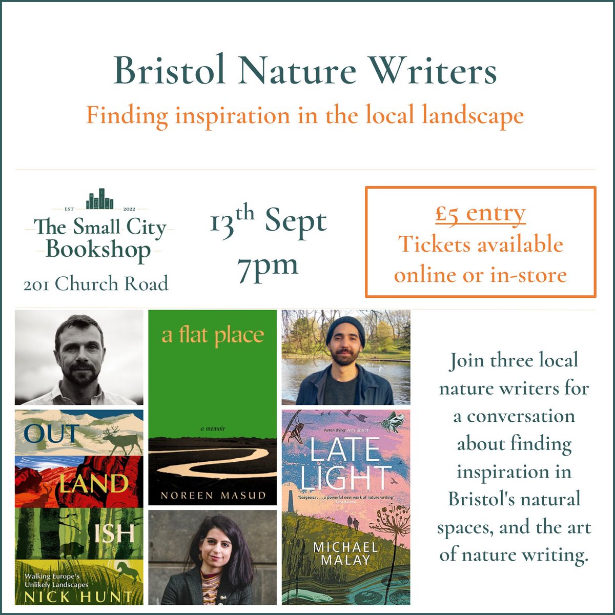 Three local nature writers, one event!

Join Noreen Masud <a href="/NoreenMasud/">Noreen Masud</a> , Michael Malay and Nick Hunt <a href="/underscrutiny/">Nick Hunt</a>  for a conversation about finding inspiration in Bristol's natural spaces, and the art of nature writing.

thesmallcitybookshop.co.uk/event-details/…
