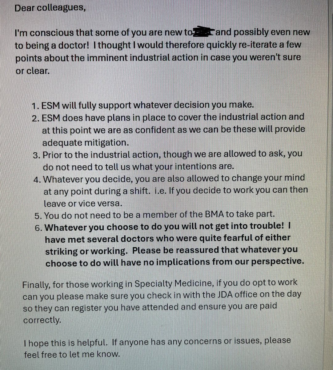 After seeing all the bad examples of how trusts deal with strikes it was so nice to get this email today. THIS is how to approach your workers, clear, simple, accurate info with no pressure either way 😊 #JuniorDoctorStrikes #BMA #IndustrialAction