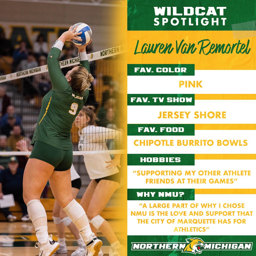 NMU_Volleyball's tweet photo. Get to know senior, Lauren Van Remortel!  (@l_vanremortel) 😸🤩

#wildcatspotlight #nmuvb https://t.co/TTFBCa8llv